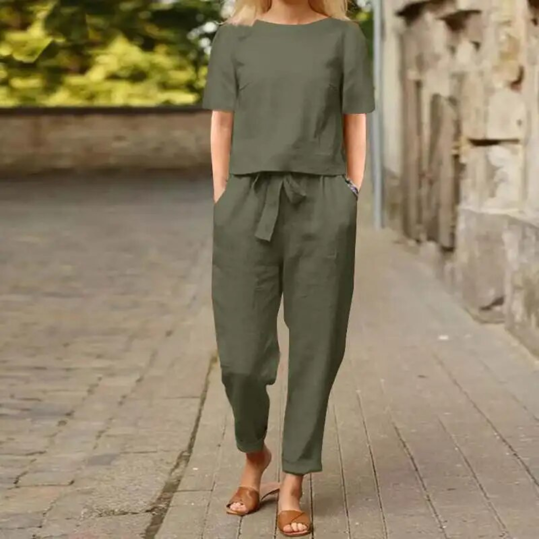 Conjunto de lino para mujer con top y pantalón fluido – CHARISE