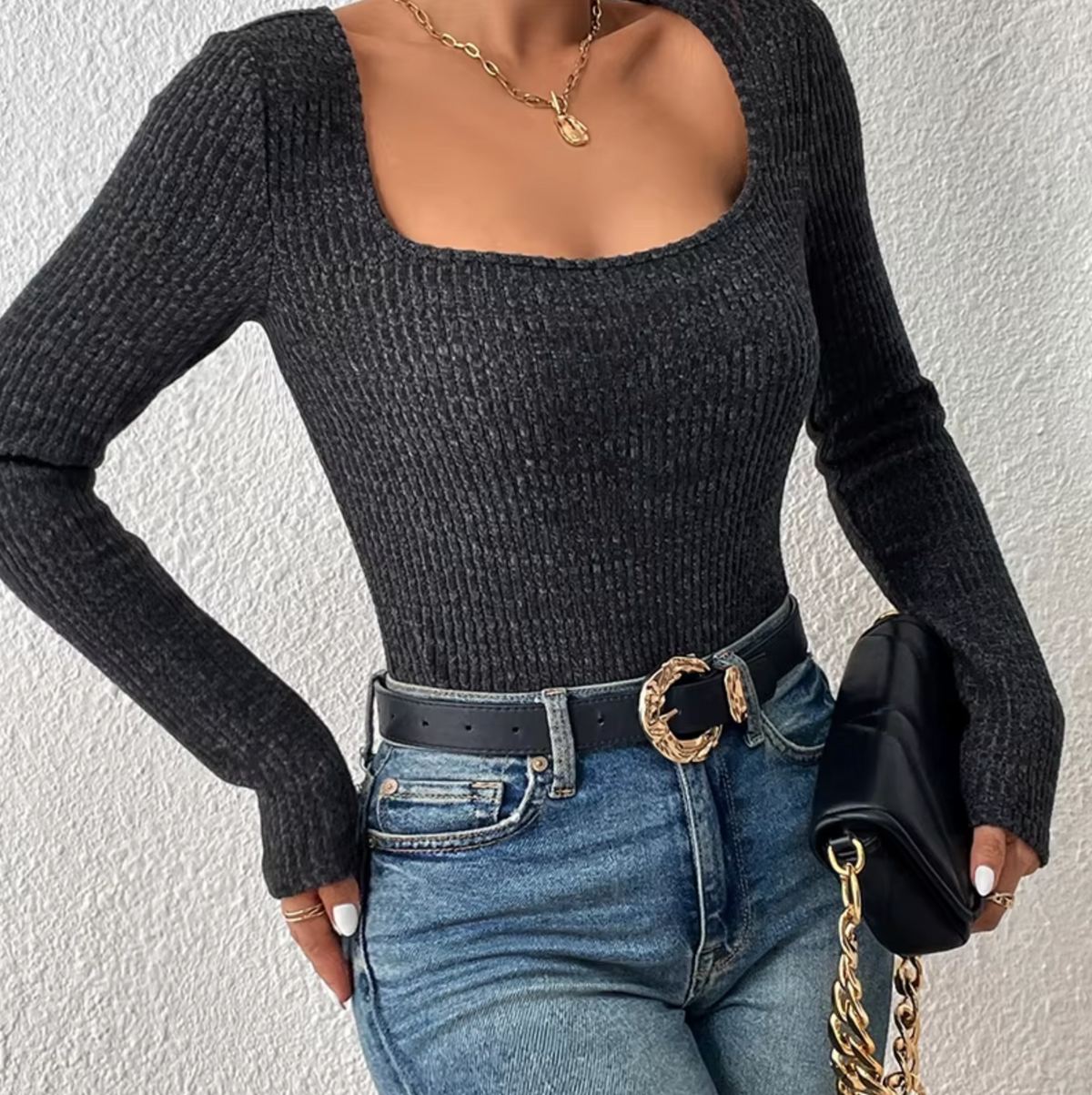 MAI - Top de punto estilo vintage con escote cuadrado para mujer