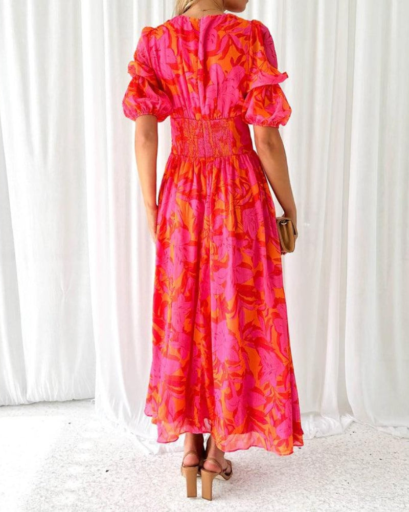 Eterna – Vestido de verano con escote en V y mangas abullonadas para mujer