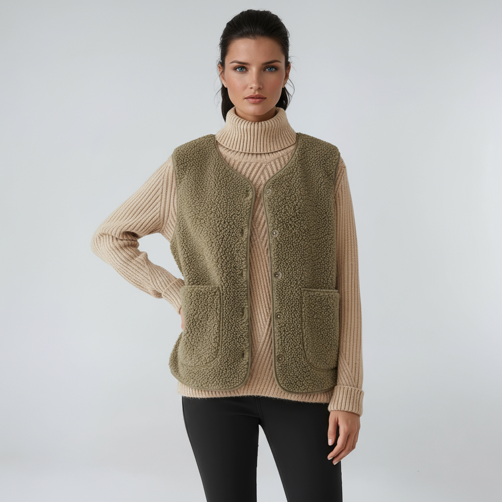 MIRELDA – Chaleco de mujer en mezcla de lana con botones y bolsillos