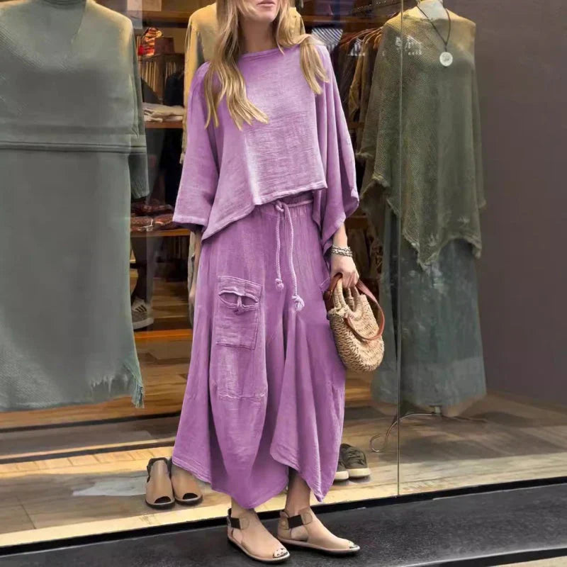 Conjunto femenino de dos piezas cómodo y elegante con top suelto y falda midi – ELIANNE