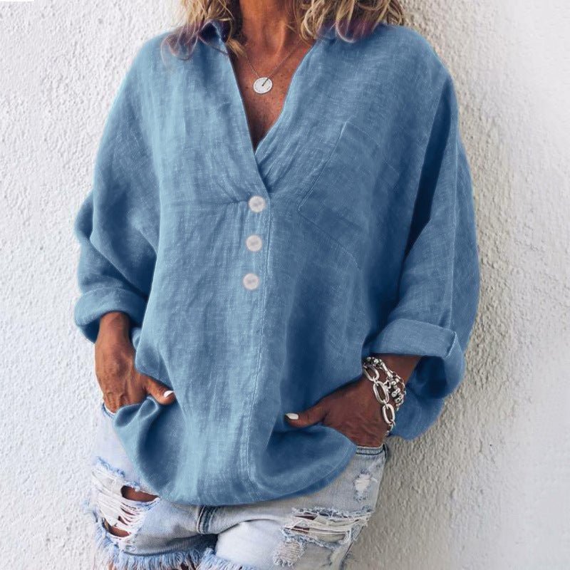 MARÍA – Blusa de lino con botones, escote en V y mangas largas con vuelta para mujer