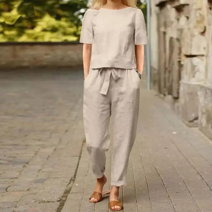 Conjunto de lino para mujer con top y pantalón fluido – CHARISE