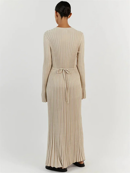 NEUS - Vestido largo ajustado de punto con diseño plisado y tela elástica para mujer