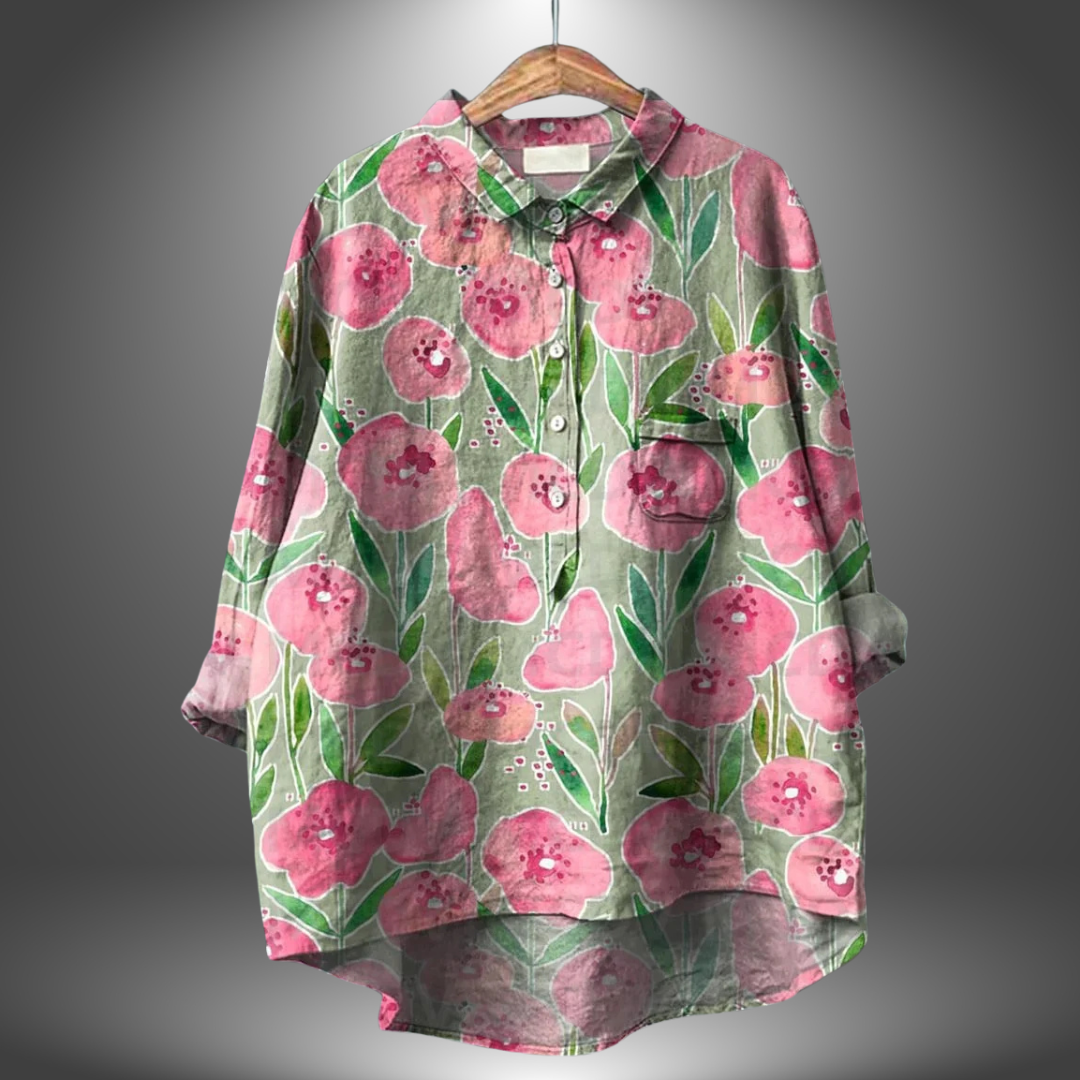 Blusa holgada de mujer con estampado artístico y cuello – ORSOLYA