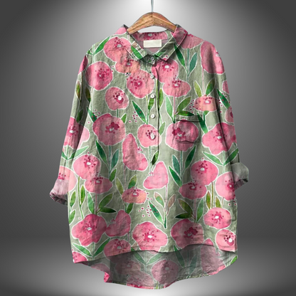Blusa holgada de mujer con estampado artístico y cuello – ORSOLYA