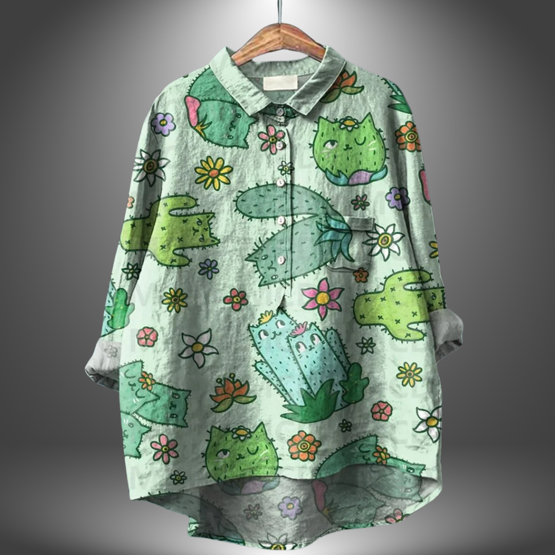 Blusa holgada de mujer con estampado artístico y cuello – ORSOLYA