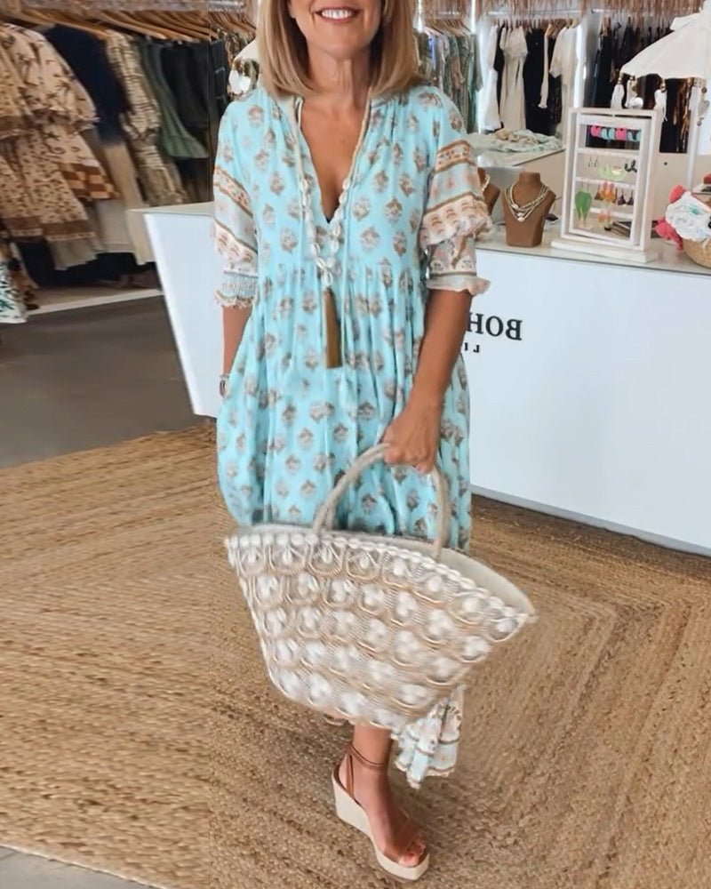 FIORELLA – Vestido midi bohemio con estampado y lazos de flecos para mujer