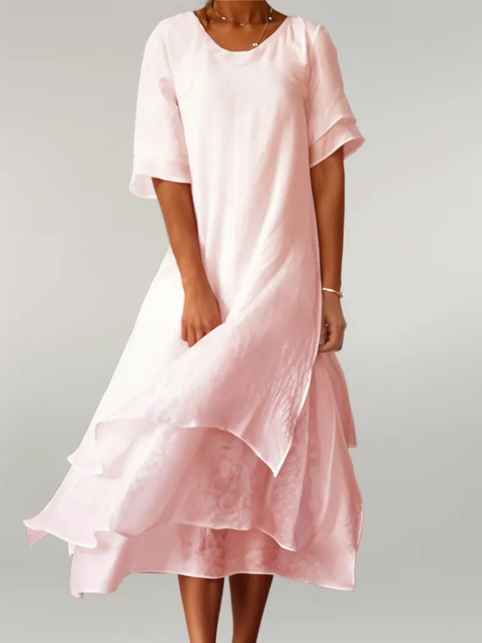 Vestido largo de algodón suave con cuello redondo y corte fluido – LUMÉRIA