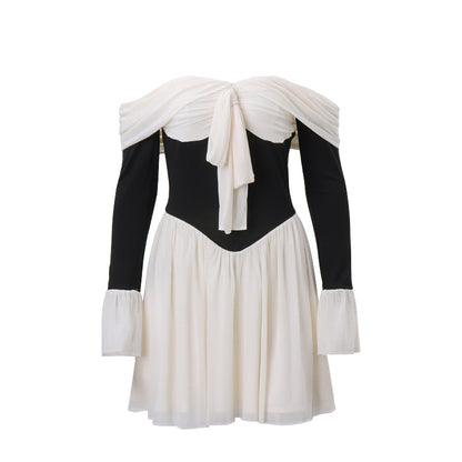 Bianca - Vestido Corto Romántico Casual Manga Larga En Contraste Blanco Negro Primavera Verano Para Mujer