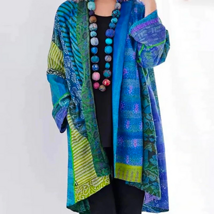 Kimono largo fluido con estampado étnico colorido para mujer – INDRA