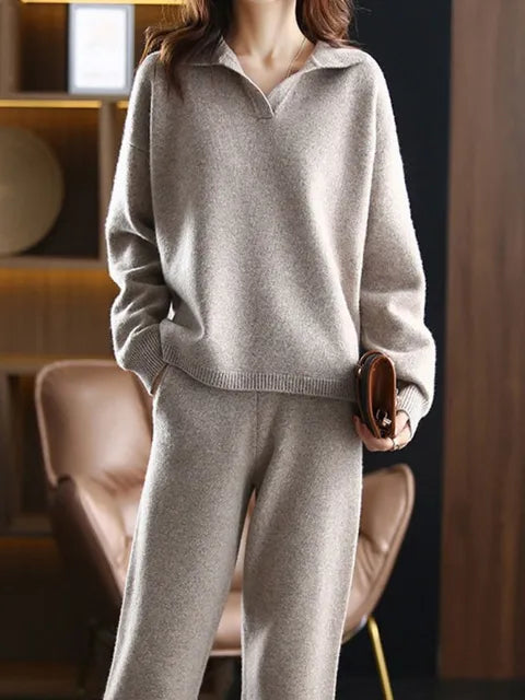 MARTINA - Conjunto de mujer de dos piezas con jersey de cuello polo y pantalón