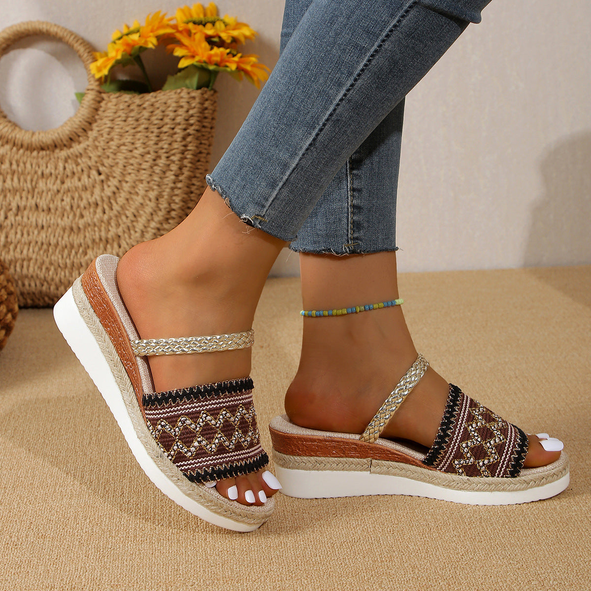 Lina - Sandalias de Cuña de Verano con Diseño de Ondas en Bloques de Color | Zapatillas de Estilo Étnico para Mujer