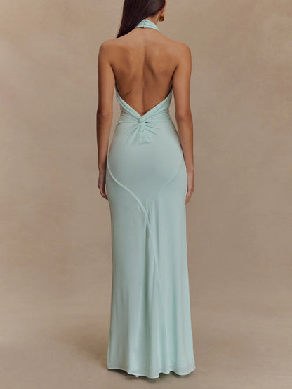 Vestido largo halter para mujer con espalda descubierta y cintura entallada – KAROLAYA