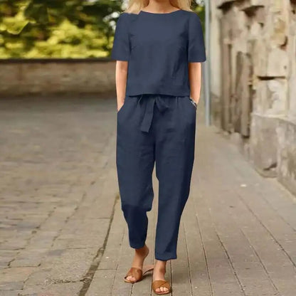 Conjunto de lino para mujer con top y pantalón fluido – CHARISE