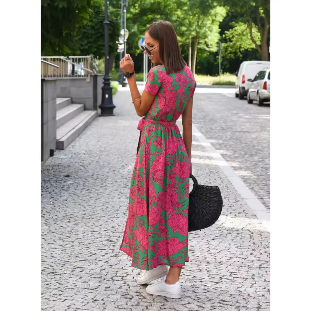 Vestido cruzado elegante con estampado artístico y corte fluido – AURELIA