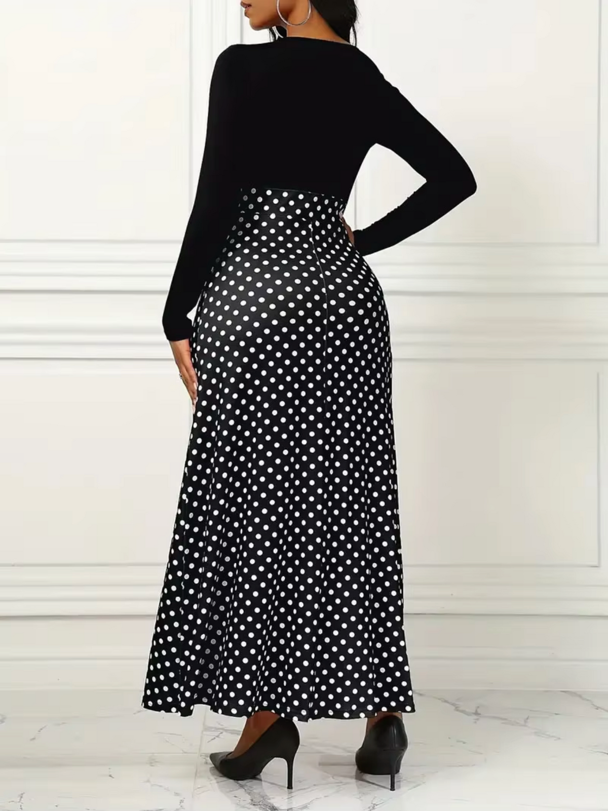 INES - Vestido maxi con estampado de lunares para mujer