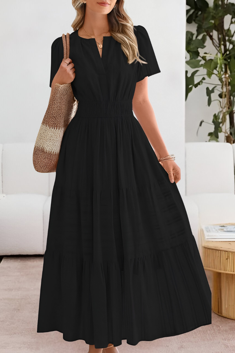 Elena – Vestido maxi con cintura fruncida y mangas cortas para mujer