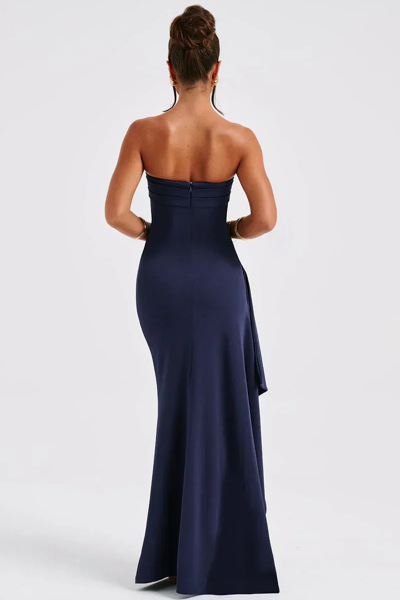 Estrella – Vestido maxi de noche sin tirantes con fruncido y abertura alta para mujer