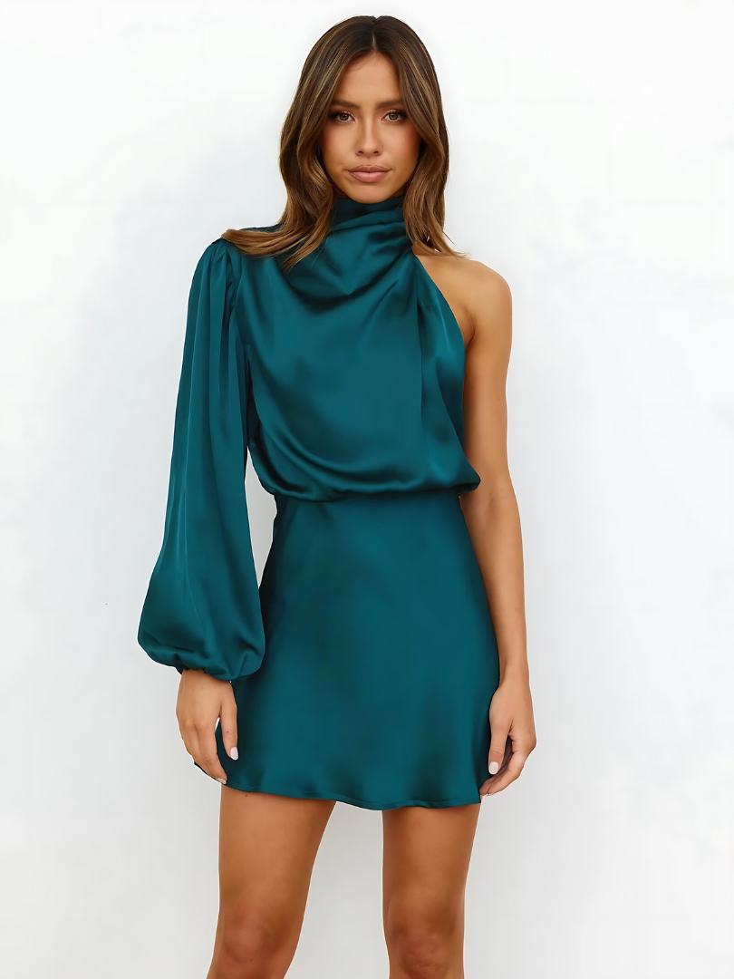 Lunaria – Vestido mini elegante de satén con un hombro y manga larga para mujer