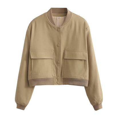 Eleanor - Chaqueta corta manga larga con botones y hombros acolchados con bolsillo con solapa para mujer