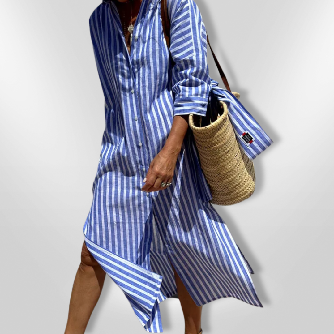 Vestido camisero a rayas con cinturón ajustable – SOPHELLE