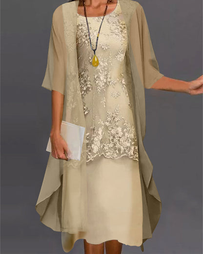 Vestido elegante con encaje y capa de gasa para invitada de boda – AURELIA