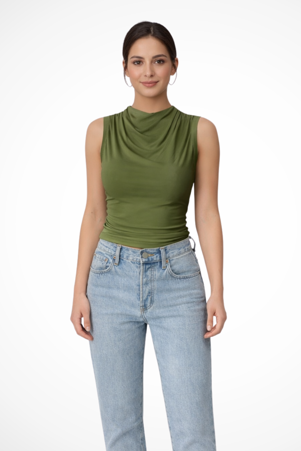 Kaia – Top sin mangas con cuello drapeado y peplum para mujer