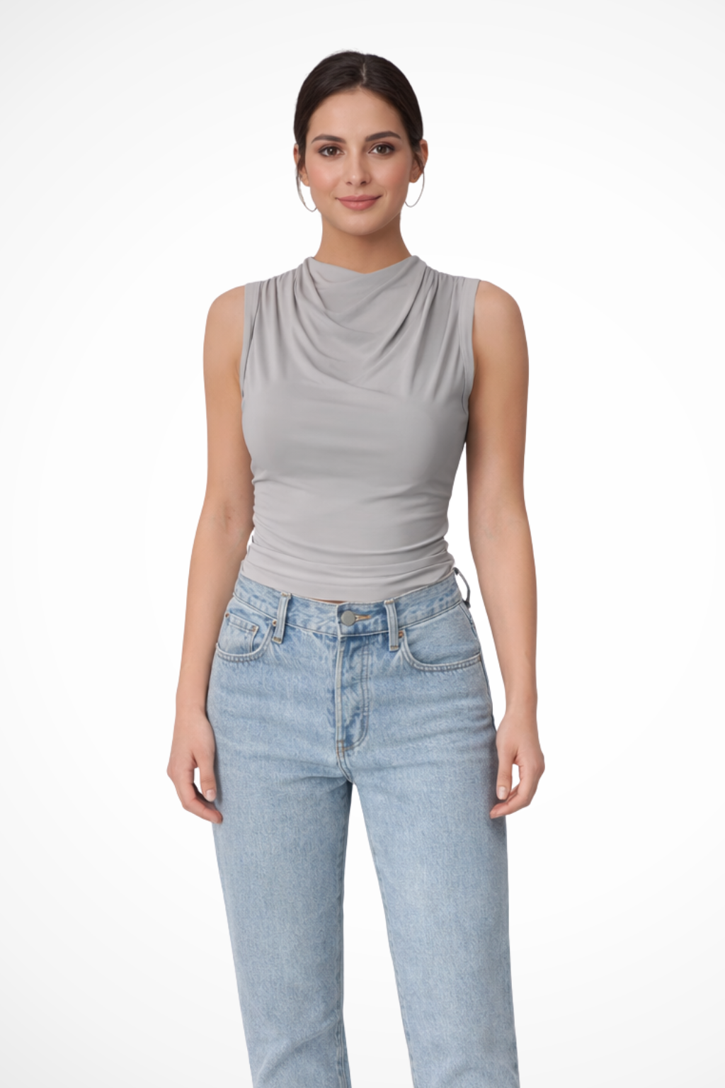 Kaia – Top sin mangas con cuello drapeado y peplum para mujer