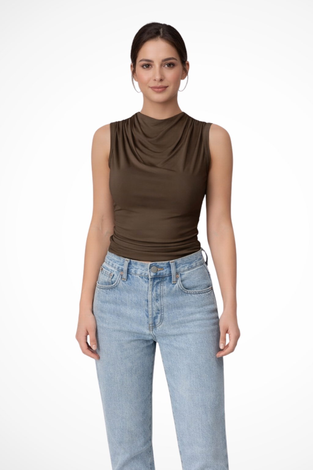Kaia – Top sin mangas con cuello drapeado y peplum para mujer