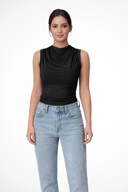 Kaia – Top sin mangas con cuello drapeado y peplum para mujer