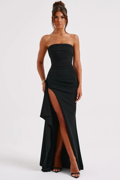 Estrella – Vestido maxi elegante sin tirantes con fruncido y abertura alta para mujer