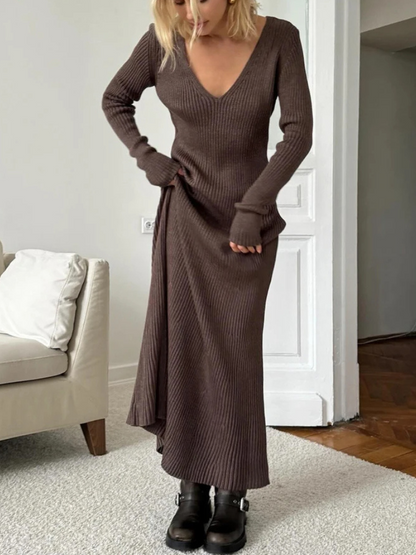 EULÀLIA - Vestido largo de punto acanalado con cuello en V manga larga de invierno para mujer