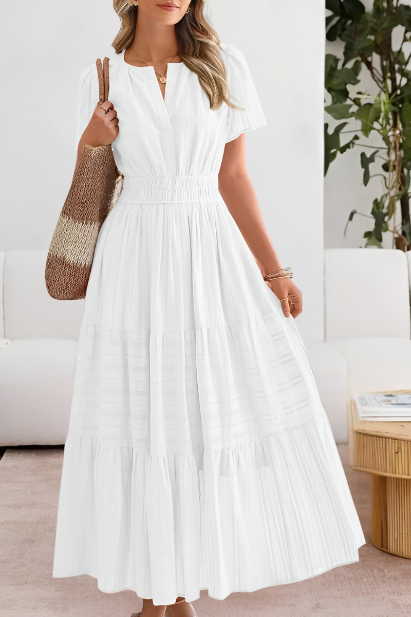 Elena – Vestido maxi con cintura fruncida y mangas cortas para mujer