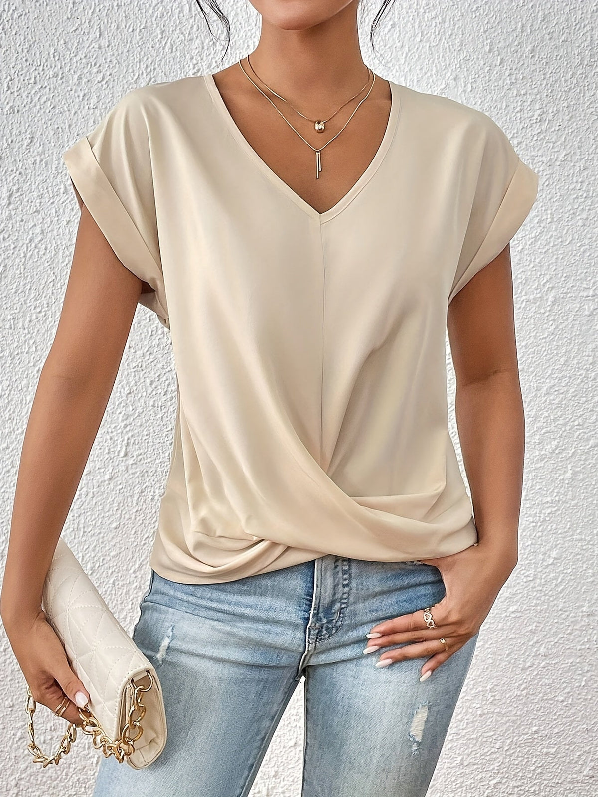 Blusa con escote en V y drapeado cruzado para mujer – NARELIA