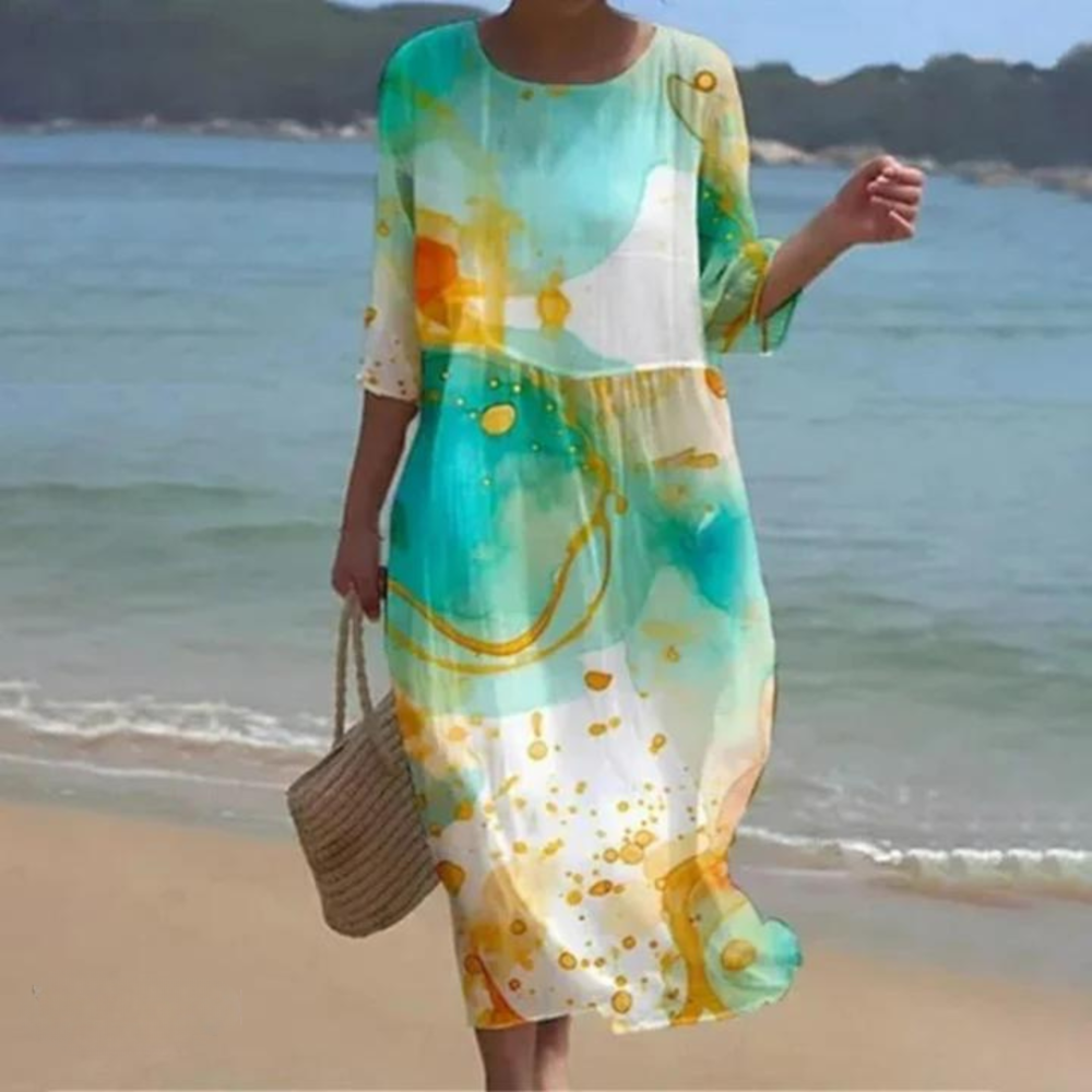 Vestido veraniego holgado con cuello redondo y corte fluido – PORELIA