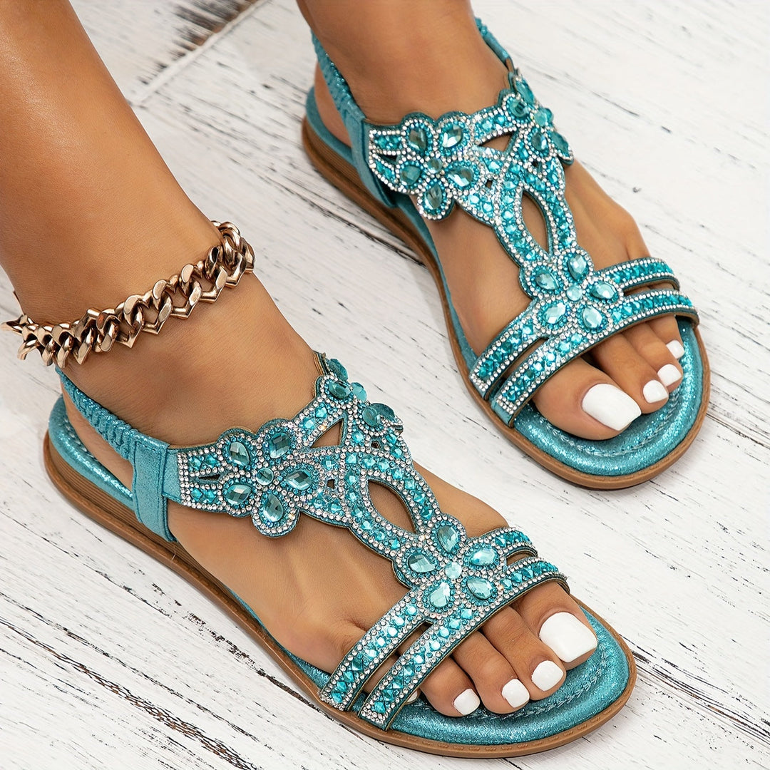 Sandalias planas con flores de strass para mujer – LYANA