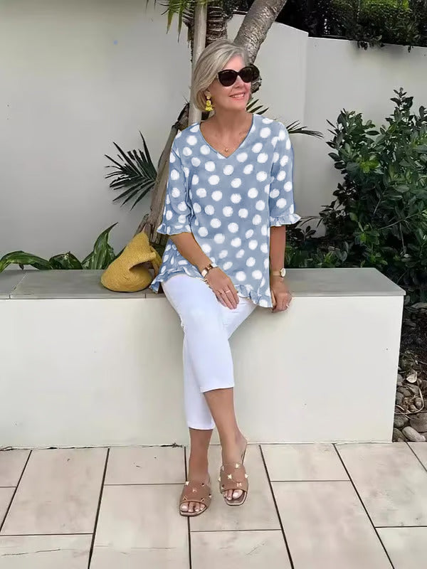 Blusa con puntos escote en V para mujer – LIVIA
