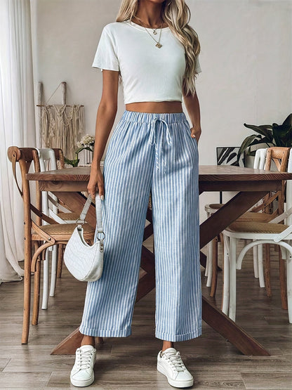 Pantalón recto de rayas con cintura elástica para mujer – LEONA