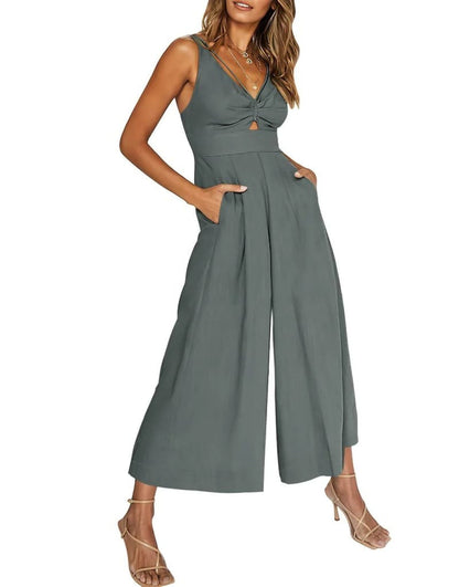 Mono elegante sin mangas con escote en V y pernera ancha – BRIGITTA