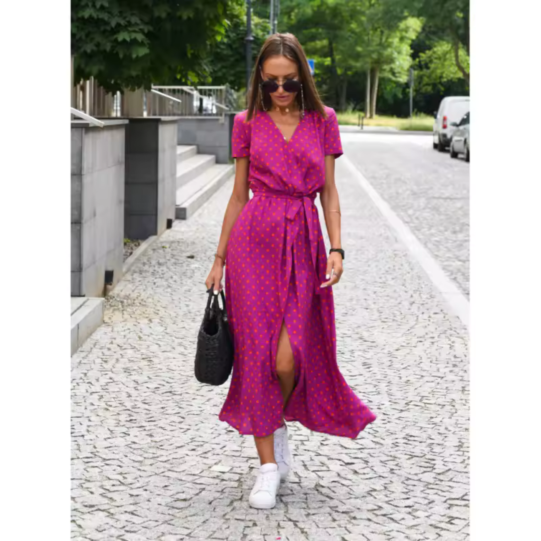 Vestido cruzado elegante con estampado artístico y corte fluido – AURELIA
