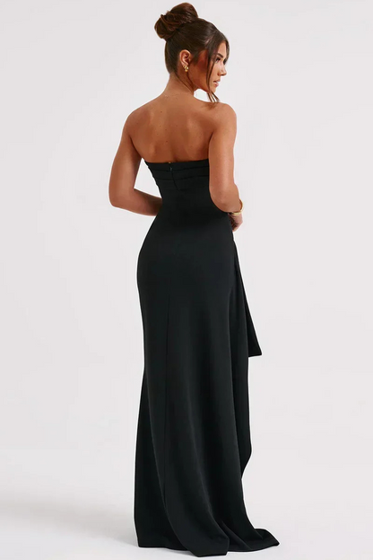 Estrella – Vestido maxi de noche sin tirantes con fruncido y abertura alta para mujer