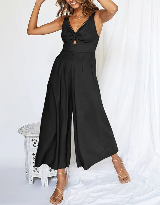 Mono elegante sin mangas con escote en V y pernera ancha – BRIGITTA