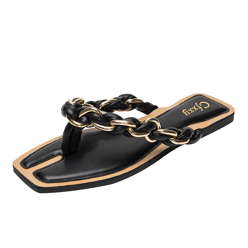 Aura - Sandalias Planas de Playa y Verano para Mujer con Cadenas Decorativas para Exterior