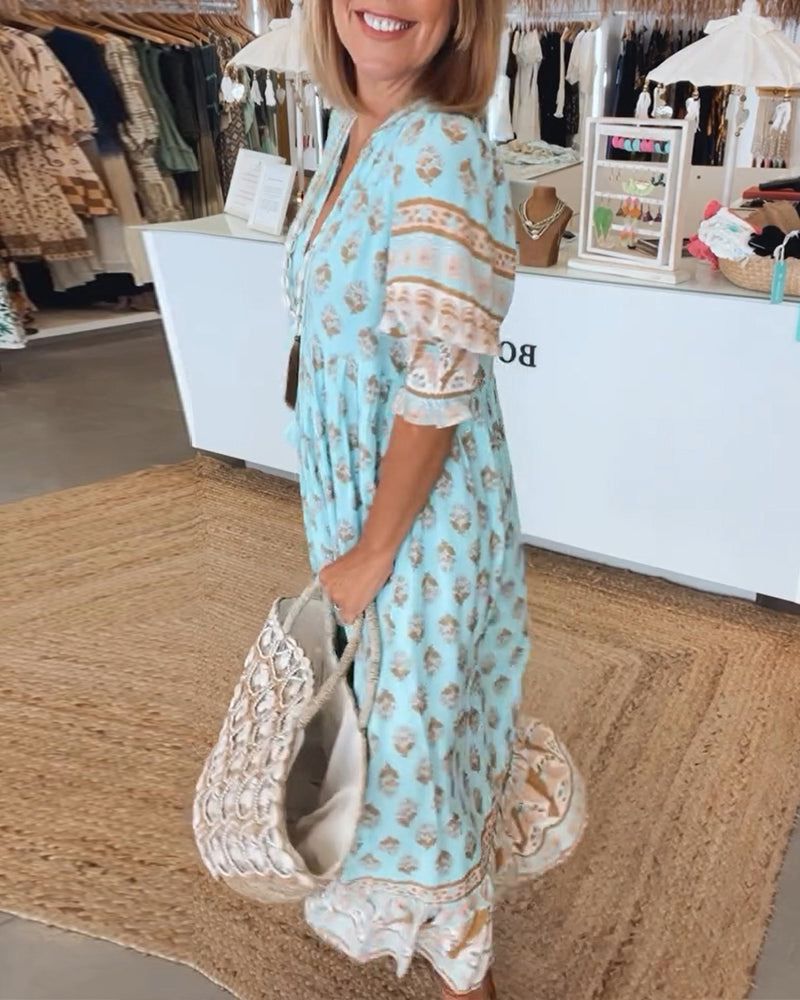 Vestido largo boho con estampado étnico y escote en V – INDRA