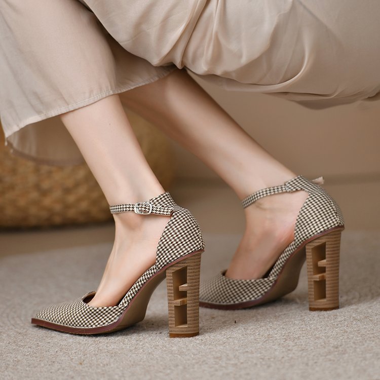 Rossana -Sandalias de Taco Grueso de Punta Cerrada Fina de Moda Retro Estilo Cuadrado Para Mujer