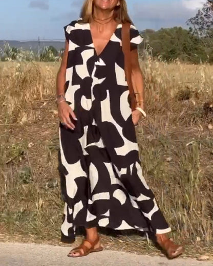 Vestido amplio con estampado gráfico y escote en V para mujer – MAËRYS