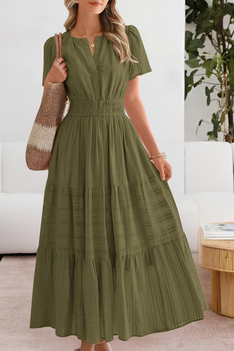 Elena – Vestido maxi con cintura fruncida y mangas cortas para mujer