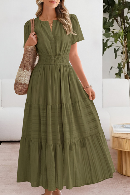 Elena – Vestido maxi con cintura fruncida y mangas cortas para mujer