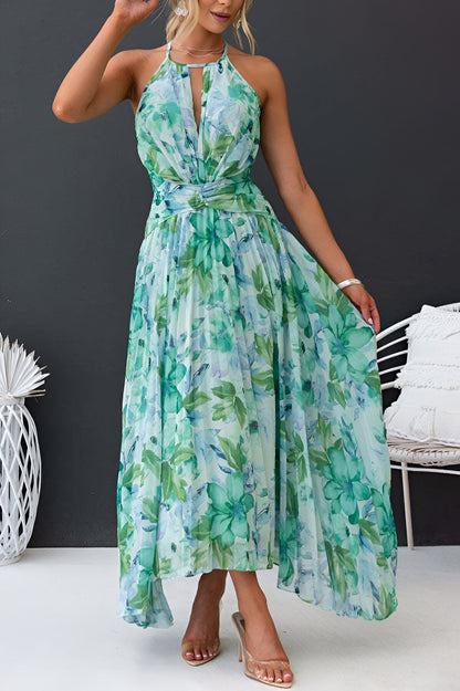 Vestido maxi halter con pliegues y estampado floral para mujer – ELARA FLORALISTA